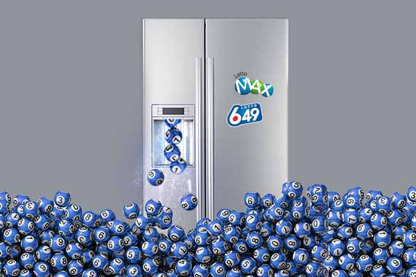 Fridge with 6-sided lottery balls coming out of it
