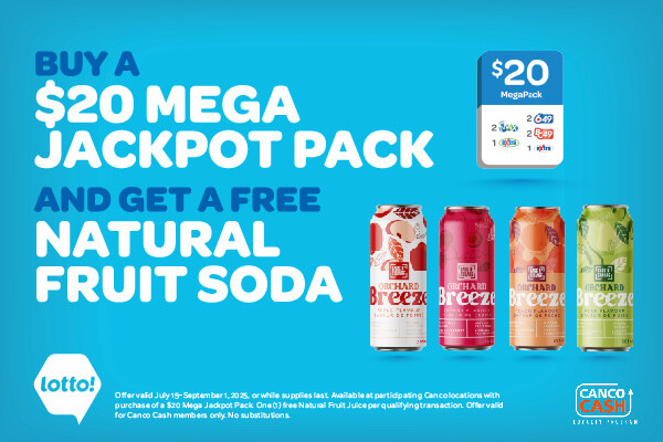 Buy a $20 Mega Jackpot Pack and get a free Natural Fruit Soda!