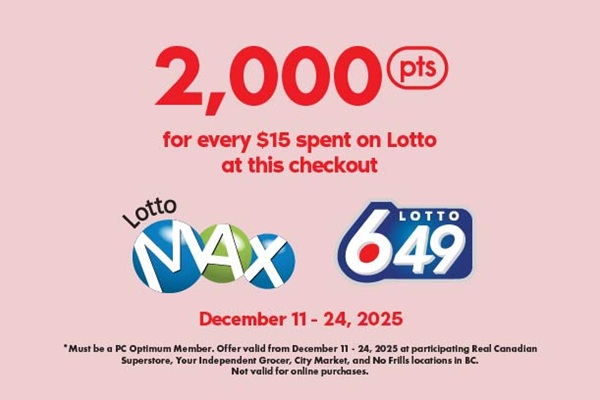 Earn 2,000 PCO points for every $15 spend on Lotto Express!