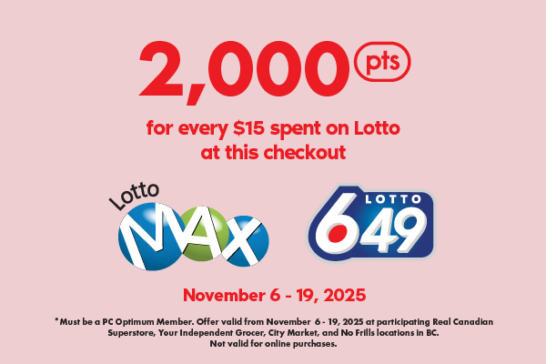 Earn 2,000 PCO points for every $15 spend on Lotto Express