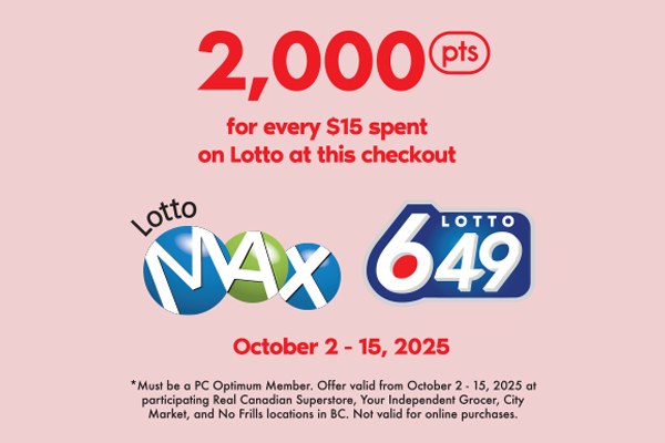 Earn 2,000 PCO points for every $15 purchased on Lotto Express