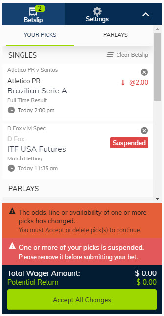 the odds, line or availability of one or more picks has changed error example